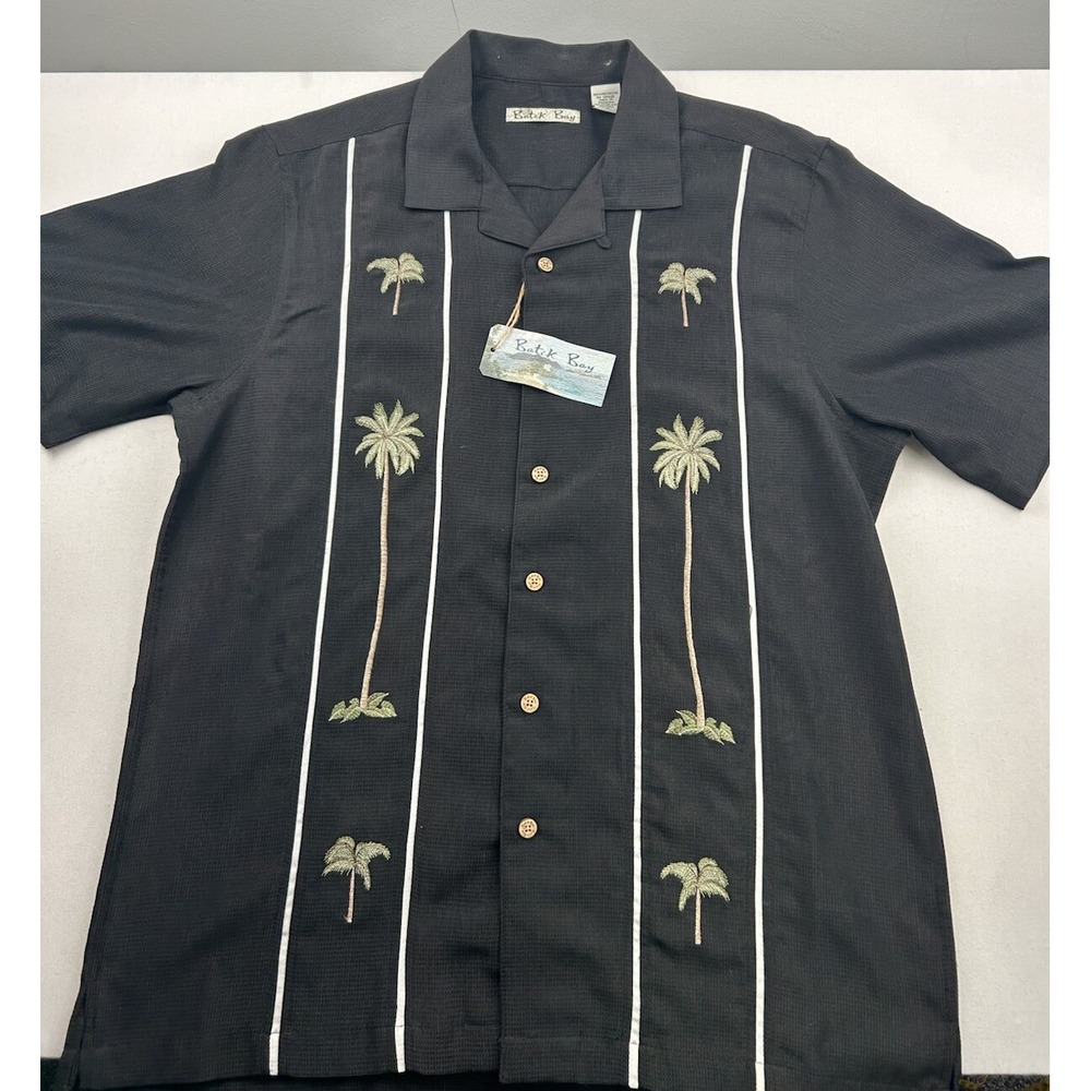 NWT Batik Bay Shirt‎ Mens Medium Hawaiian Palm Trees Black Lightweight Button Up